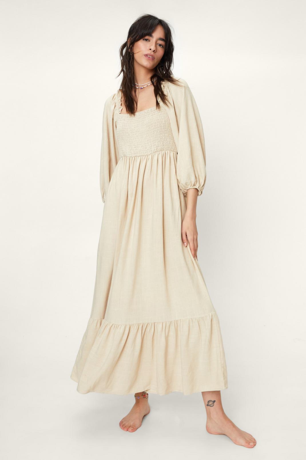 Natural Linen Shirred Detail Tiered Midi Dress image number 1