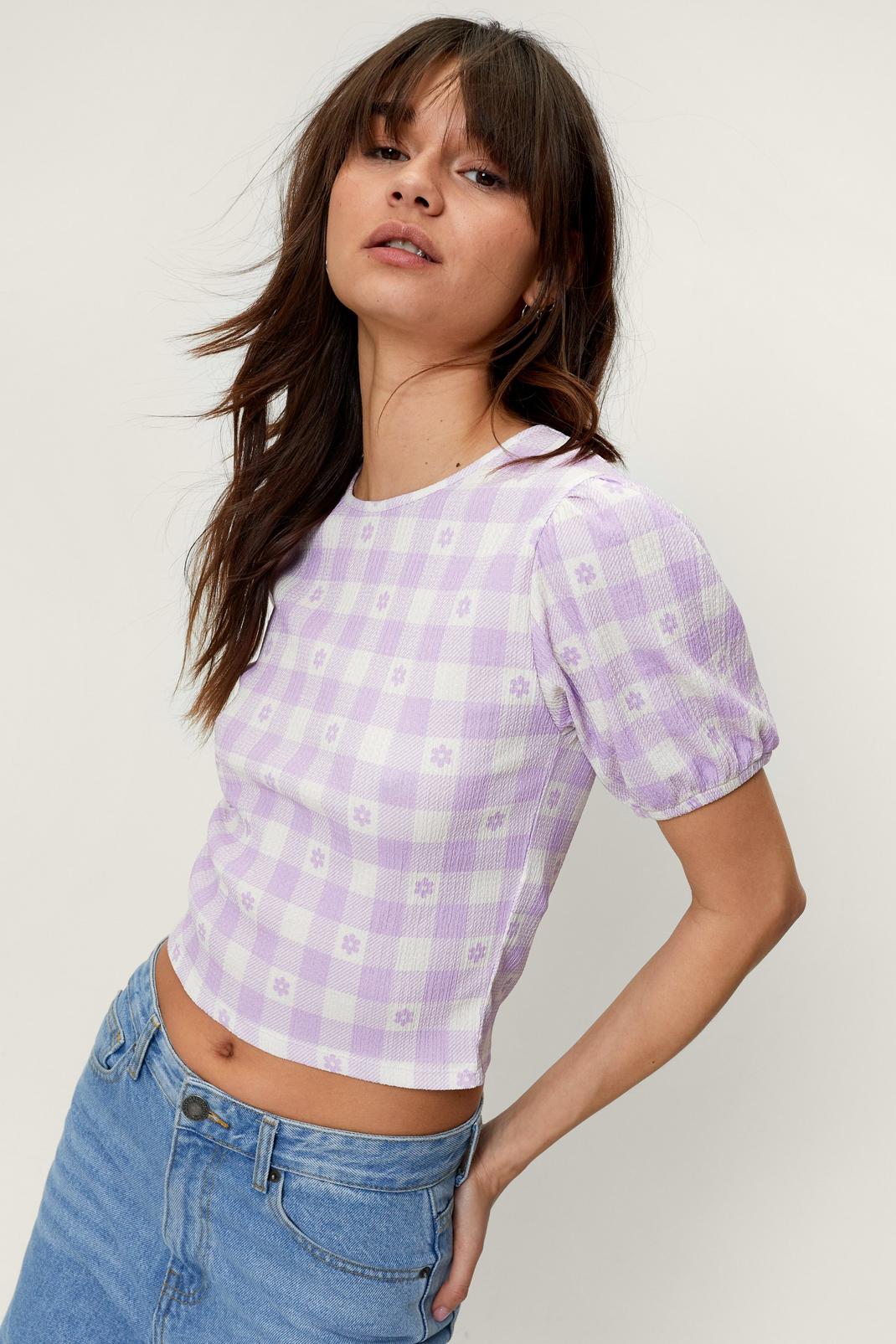 Lilac Short Sleeve Gingham Print Top image number 1