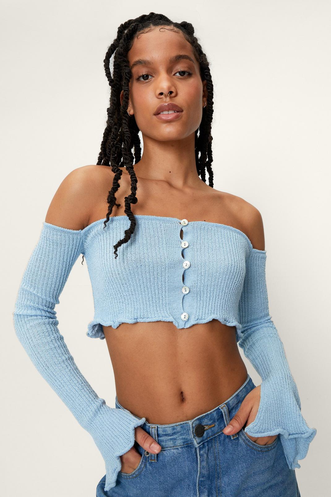 Dusty blue Petite Off The Shoulder Cropped Cardigan image number 1