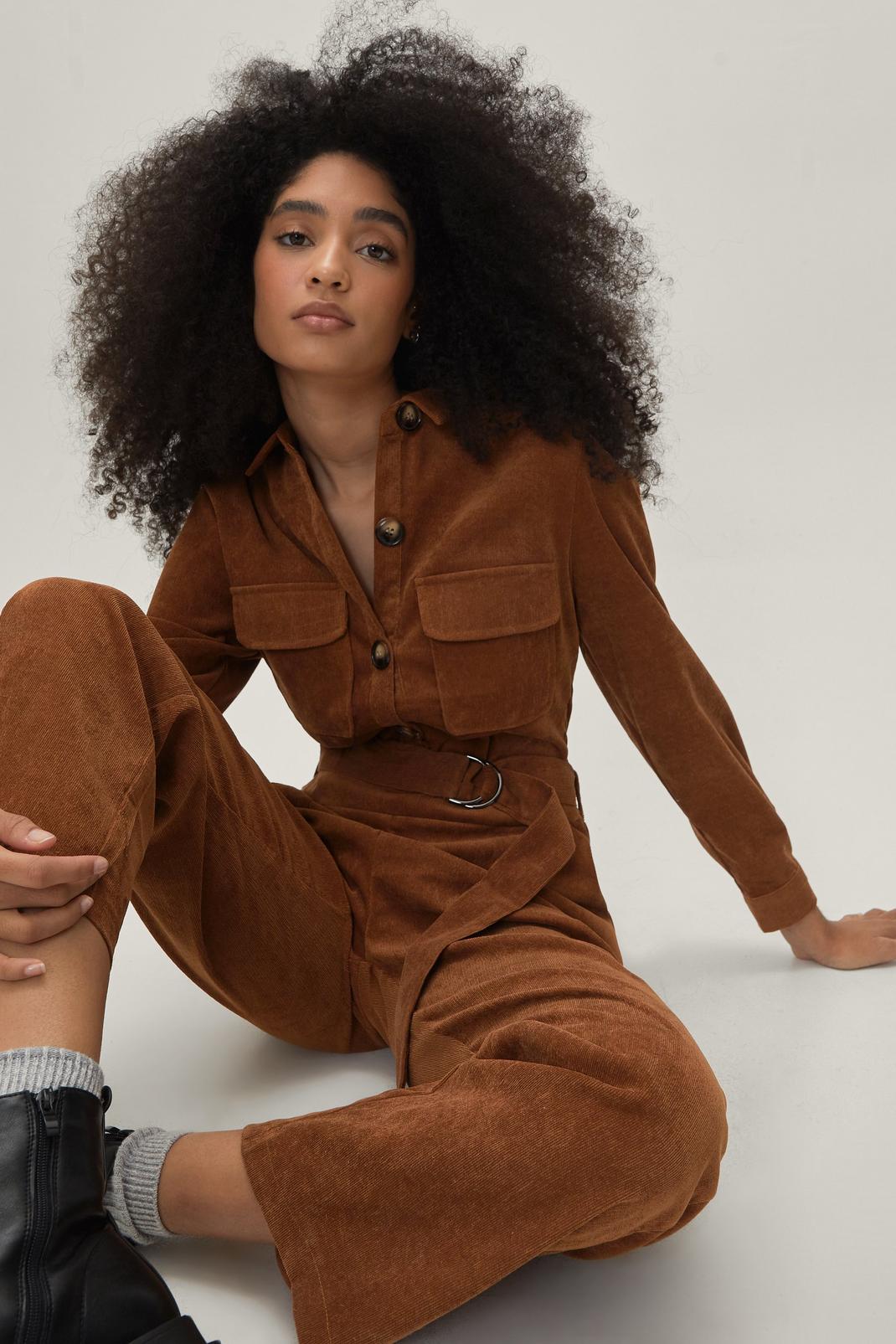 Tan Corduroy Belted Waist Button Down Boilersuit image number 1