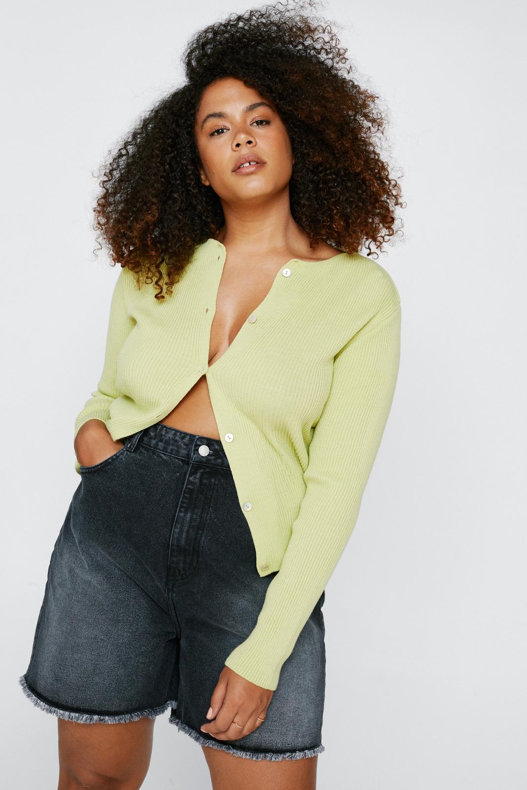 Lime Plus Size Knitted Ribbed Button Down Cardigan image number 1
