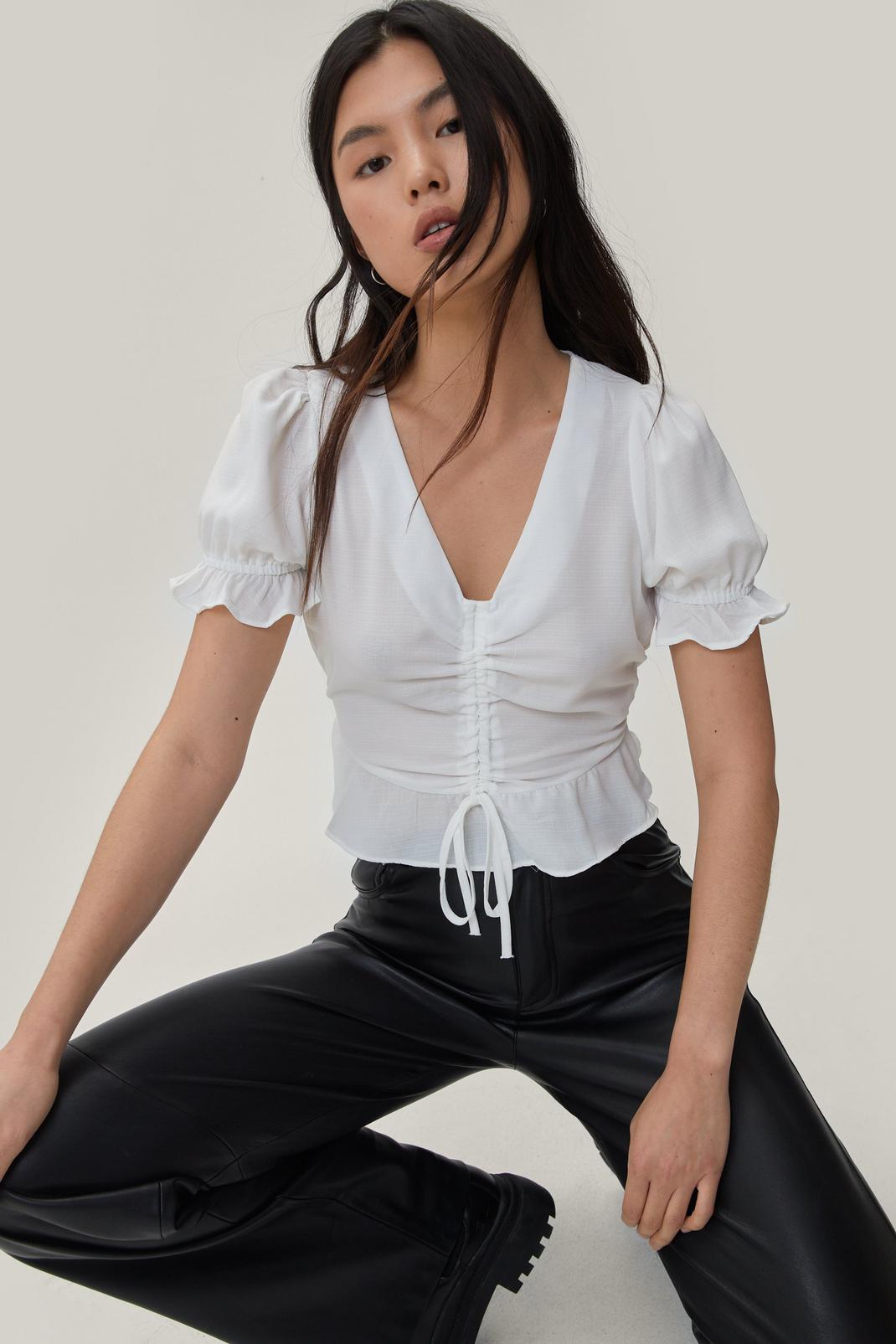 White Ruched Tie Front Cropped Smock Top image number 1