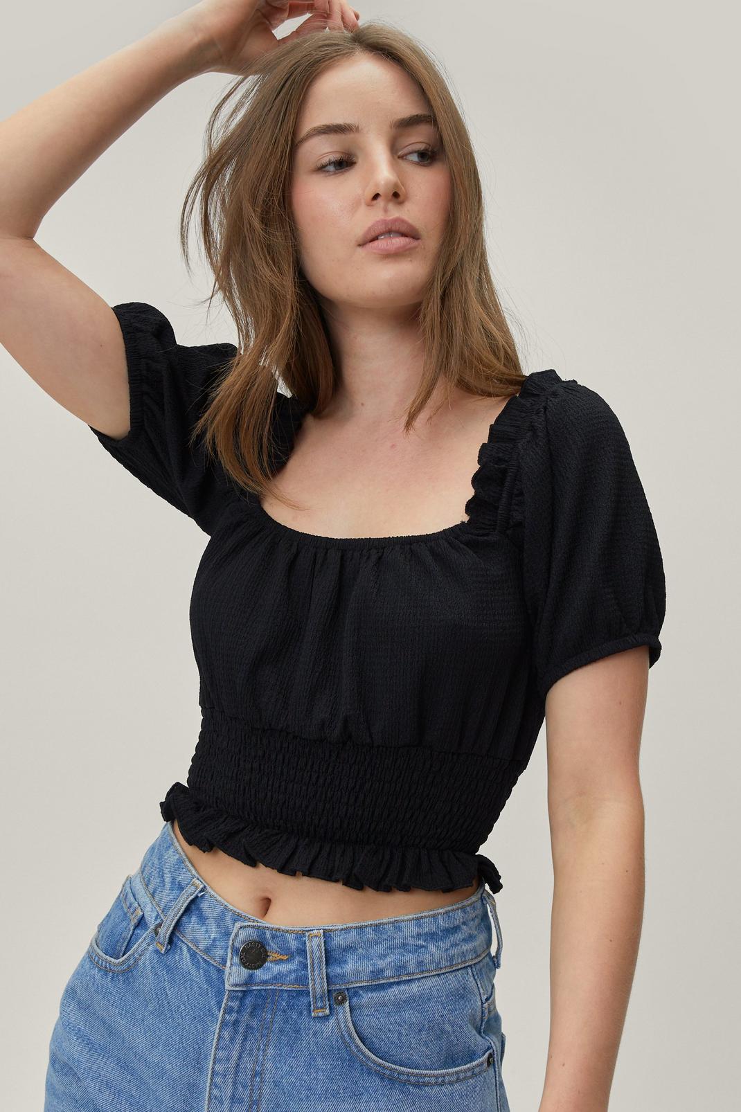 Black Cropped Shirred Puff Sleeve Top image number 1
