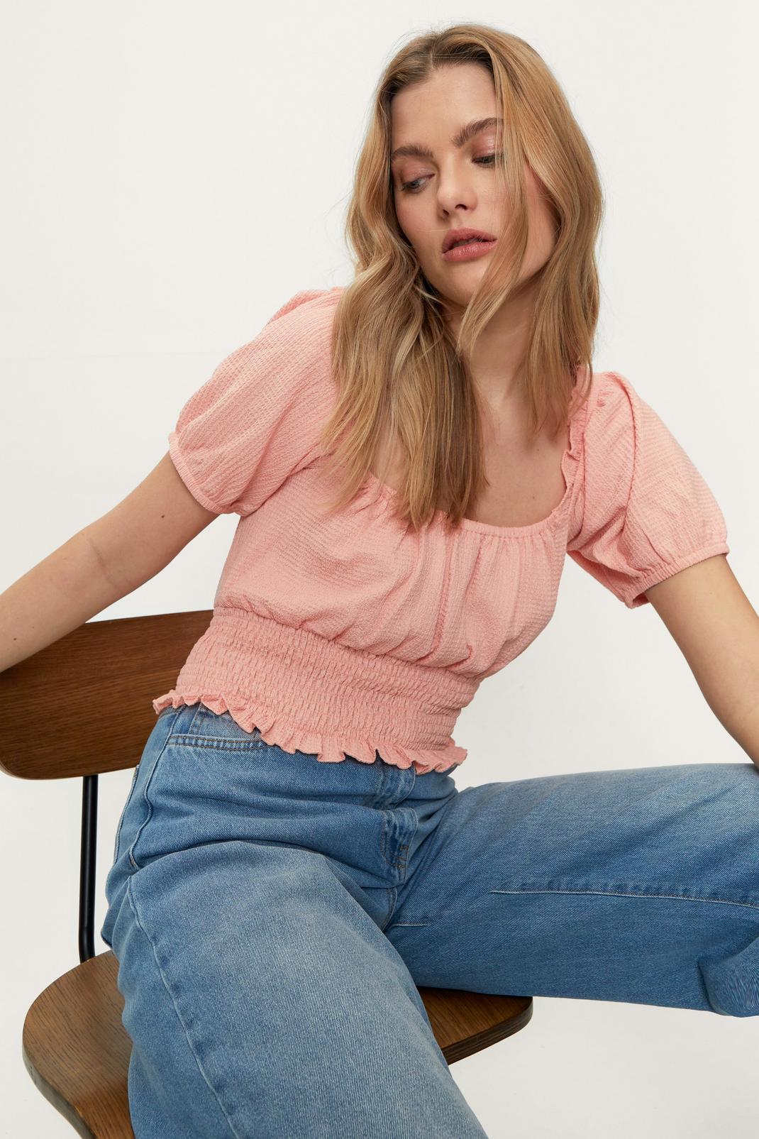 Peach Cropped Shirred Puff Sleeve Top image number 1