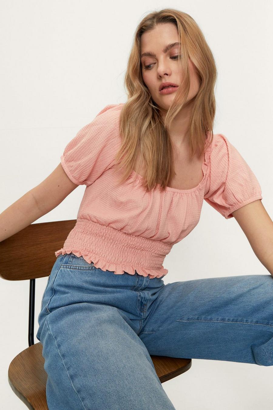 Cropped Shirred Puff Sleeve Top