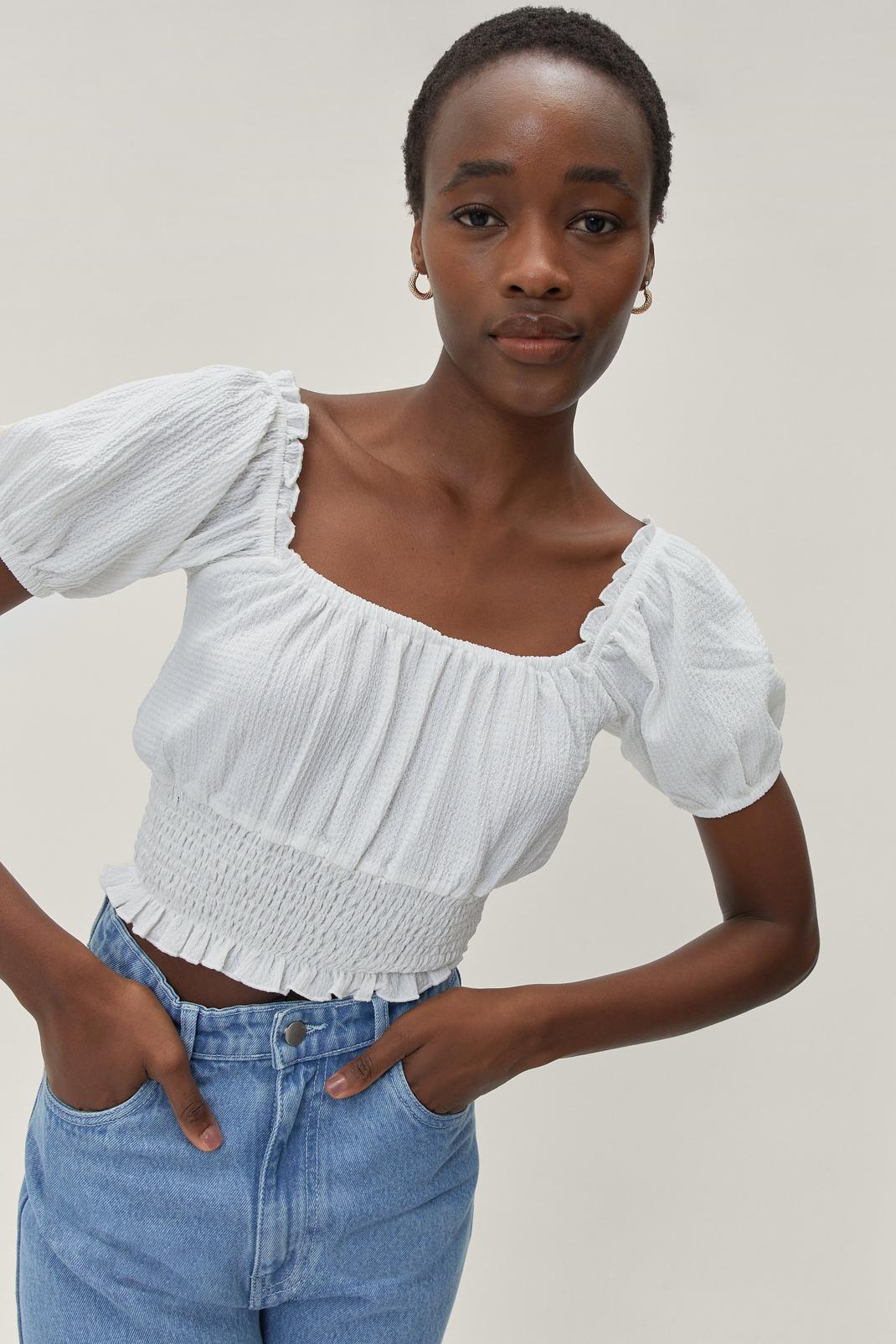 White Cropped Shirred Puff Sleeve Top image number 1