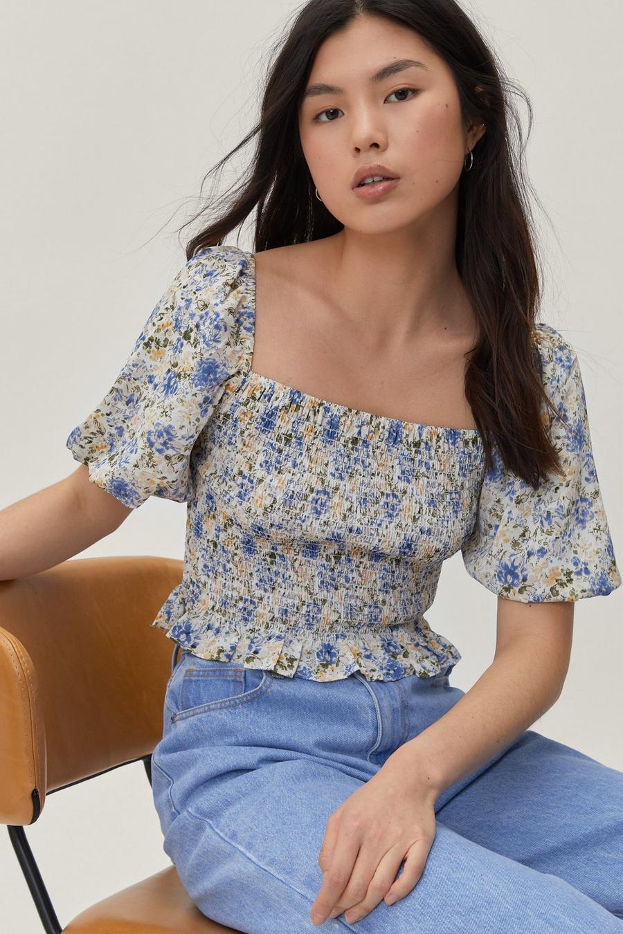 Shirred Floral Print Puff Sleeve Blouse