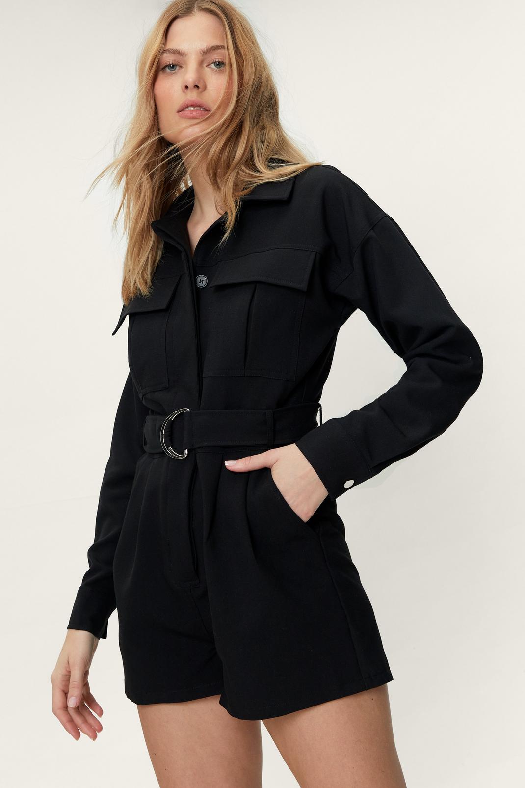 Black Utility Tailored Belted Long Sleeved Playsuit image number 1