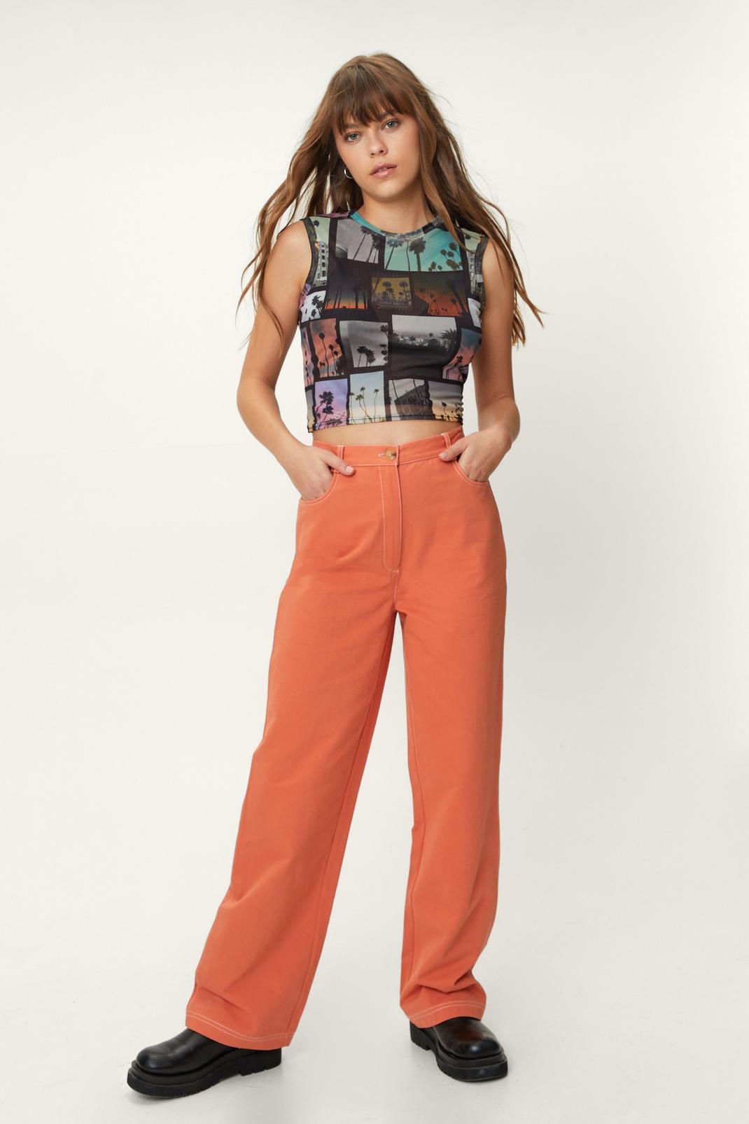 Rust Twill High Waisted Wide Leg Cargo Pants image number 1