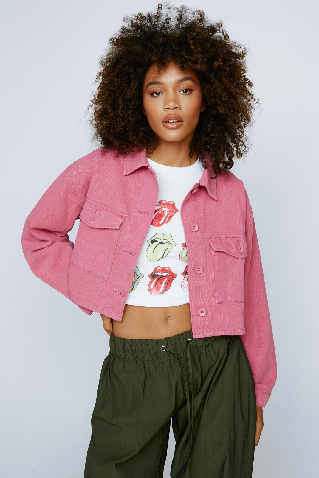 Pink Twill Cropped Button Down Shacket image number 1