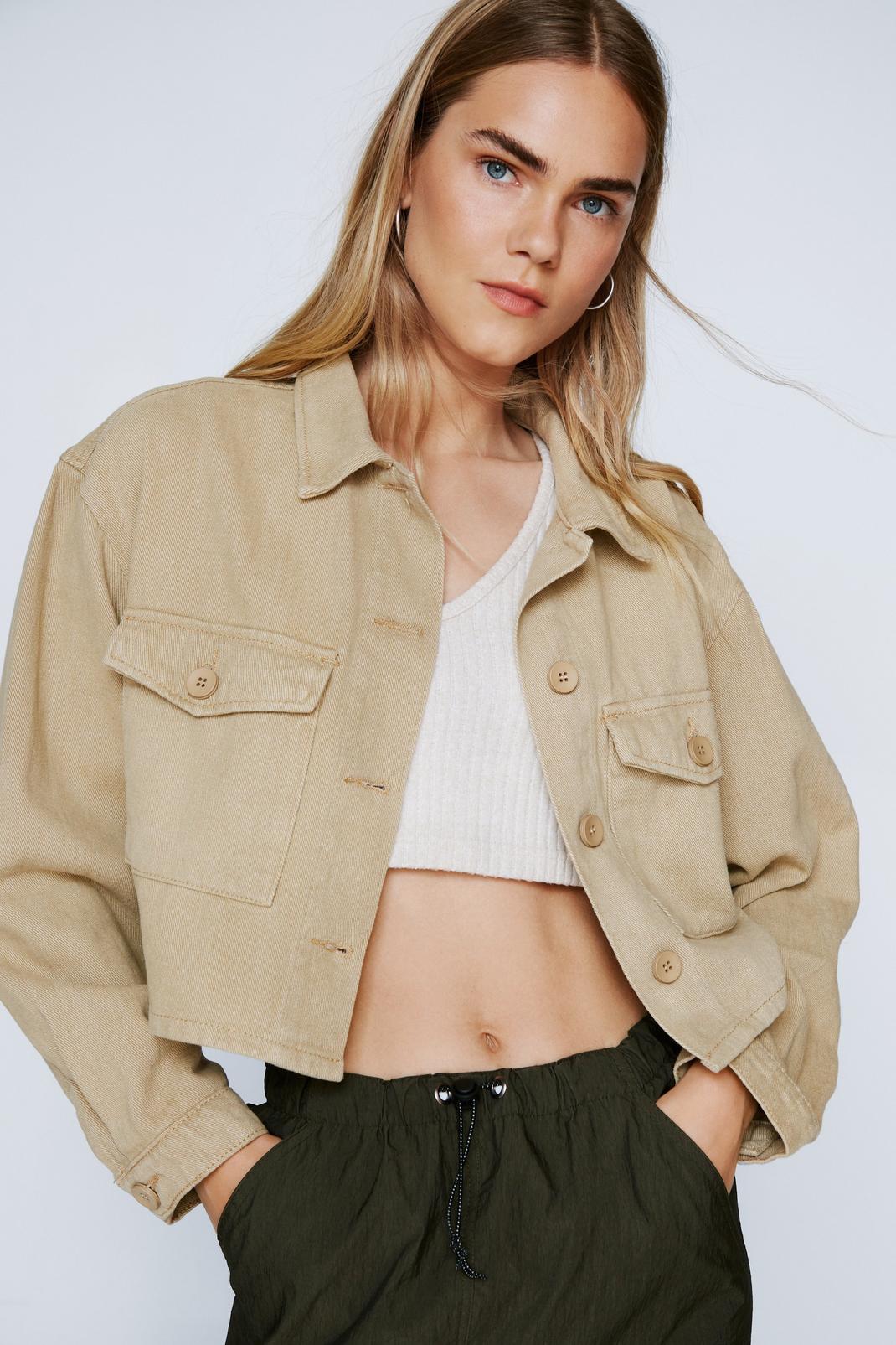 Stone Twill Cropped Button Down Shacket image number 1