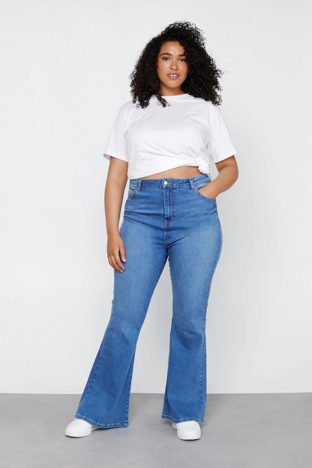 Mid blue Plus Size High Waisted Denim Flared Trousers image number 1
