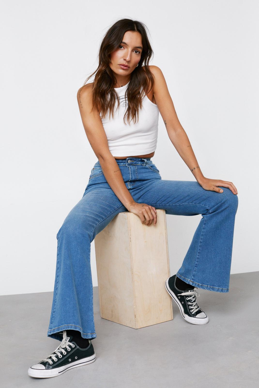 Mid blue Petite Denim High Waisted Flared Jeans image number 1