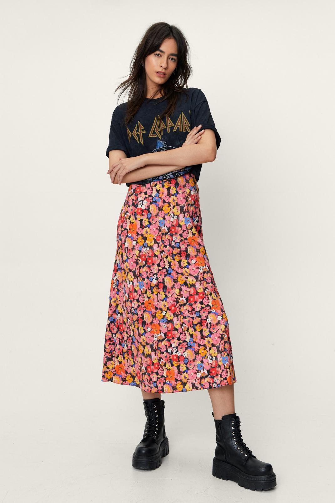 Vibrant Floral Print Bias Cut Midi Skirt