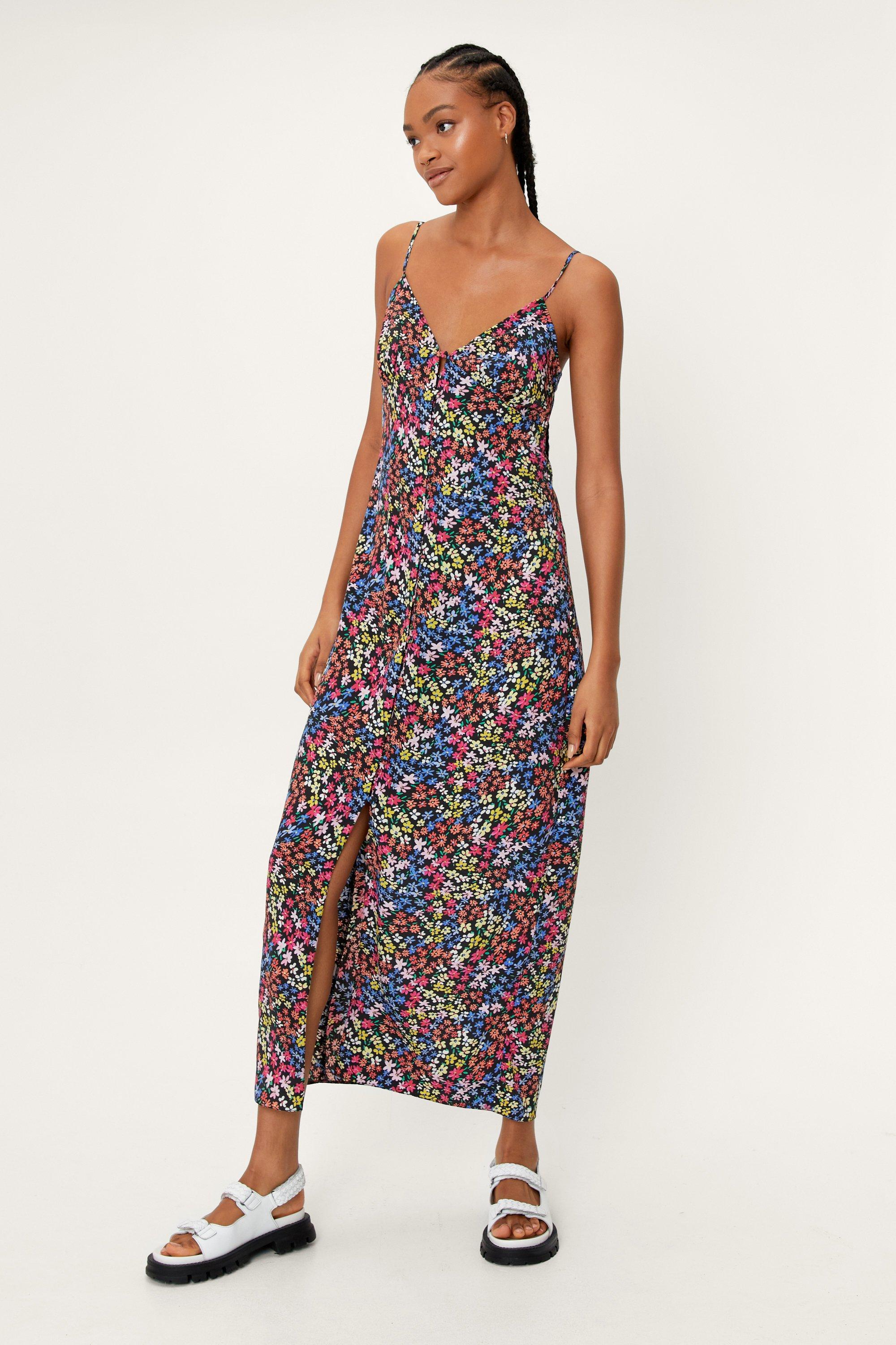 Floral Strappy Button Through Slip Midi Dress