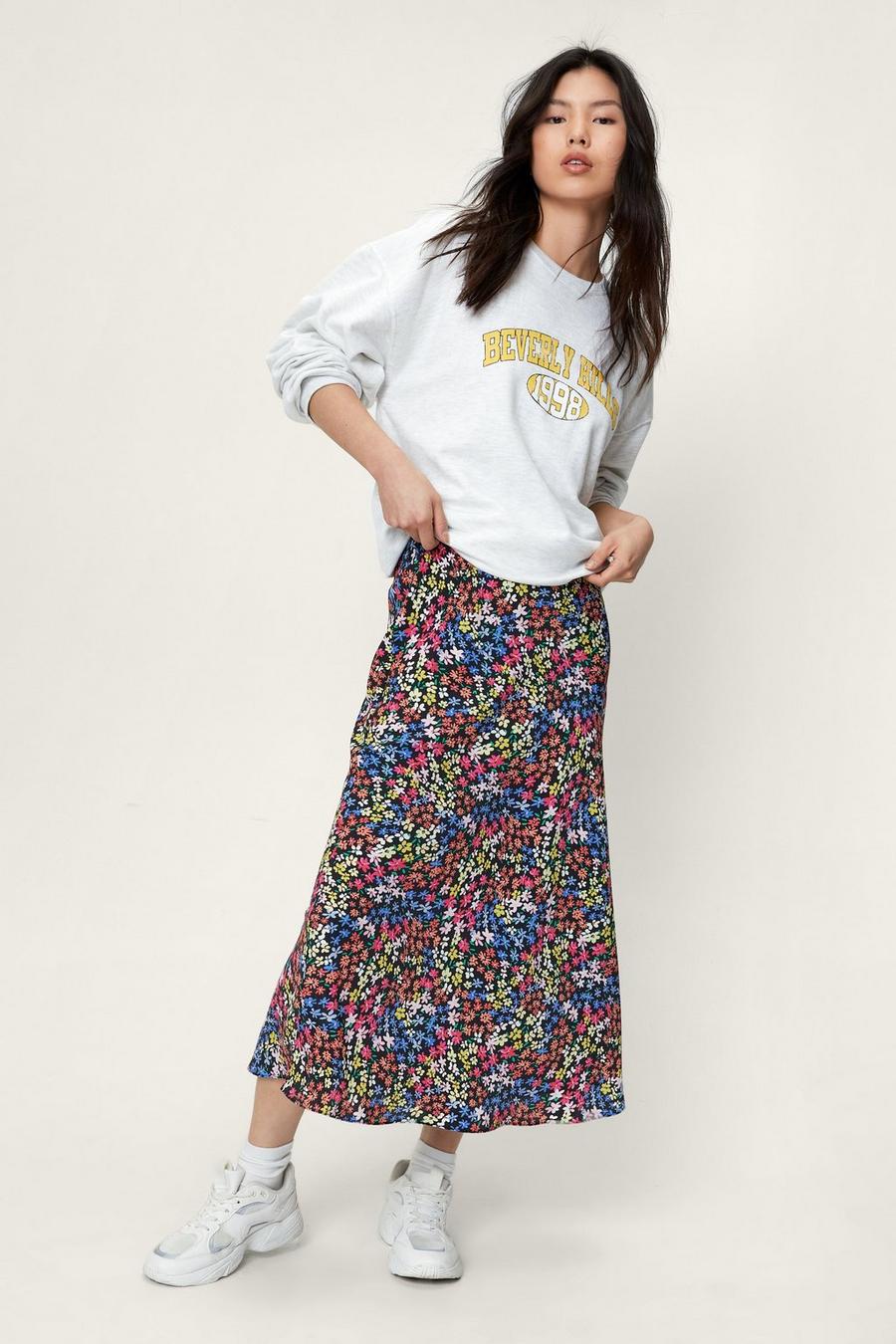 Floral Printed Bias Cut Midi Skirt