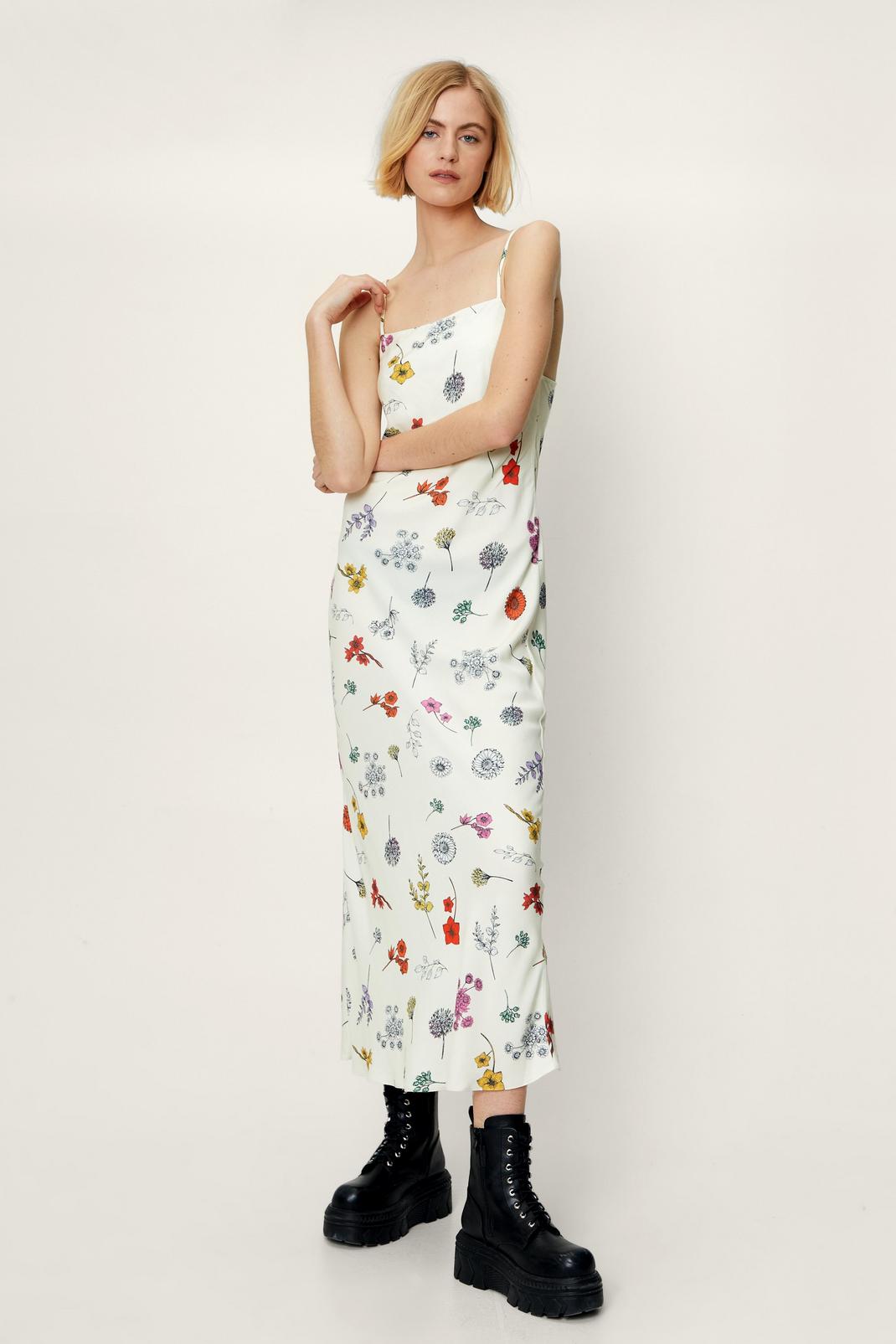 Ivory Floral Print Strappy Cami Midi Dress image number 1