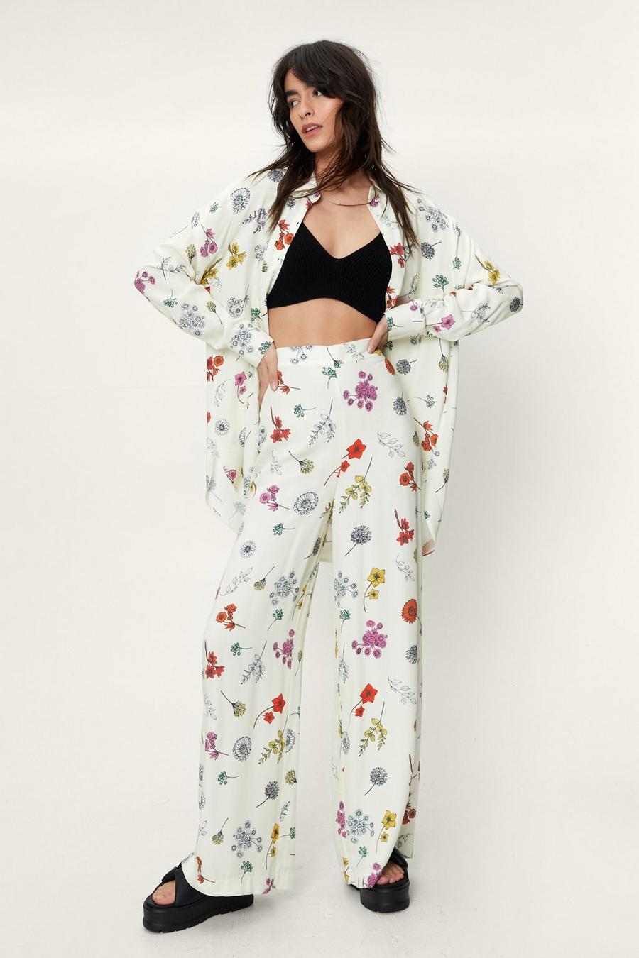 Floral Print High Waisted Wide Leg Trousers