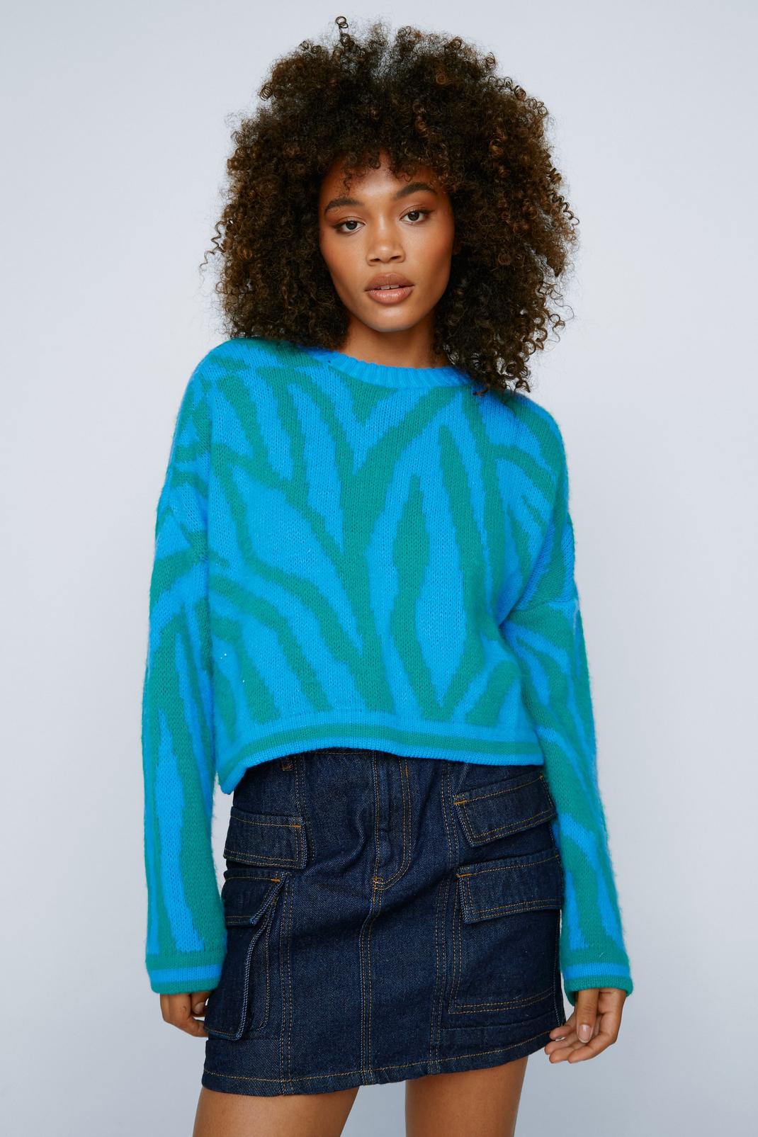 Blue Brushed Knit Contrast Zebra Print Sweater image number 1