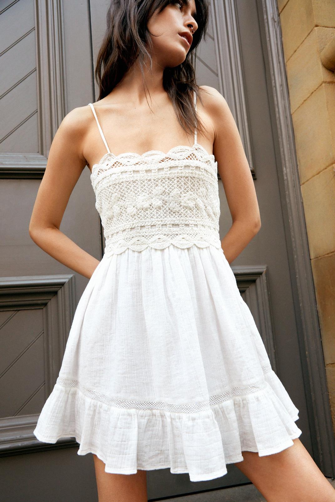 White Crochet Detail Gathered Strappy Mini Dress image number 1