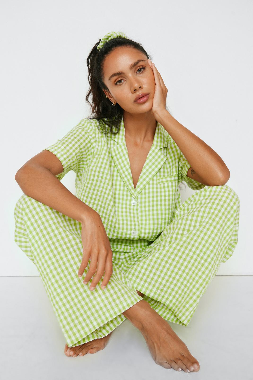 Lime Gingham Print 3 Piece Pajama Set image number 1