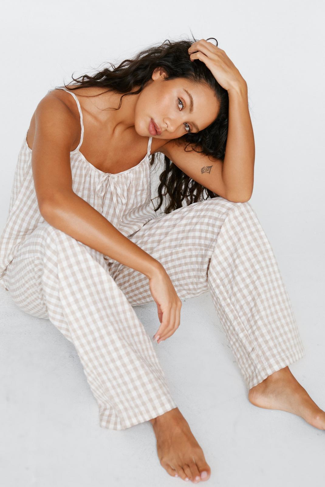 Beige Seersucker Gingham Relaxed Cami and Trousers Set image number 1