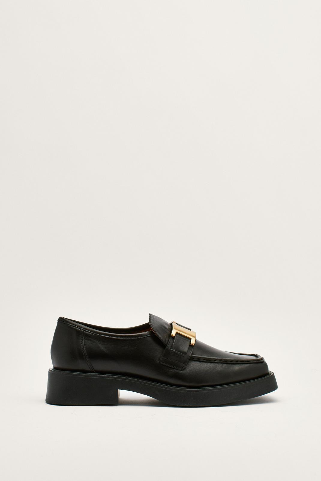 Black Leather Buckle Smooth Chunky Loafers image number 1