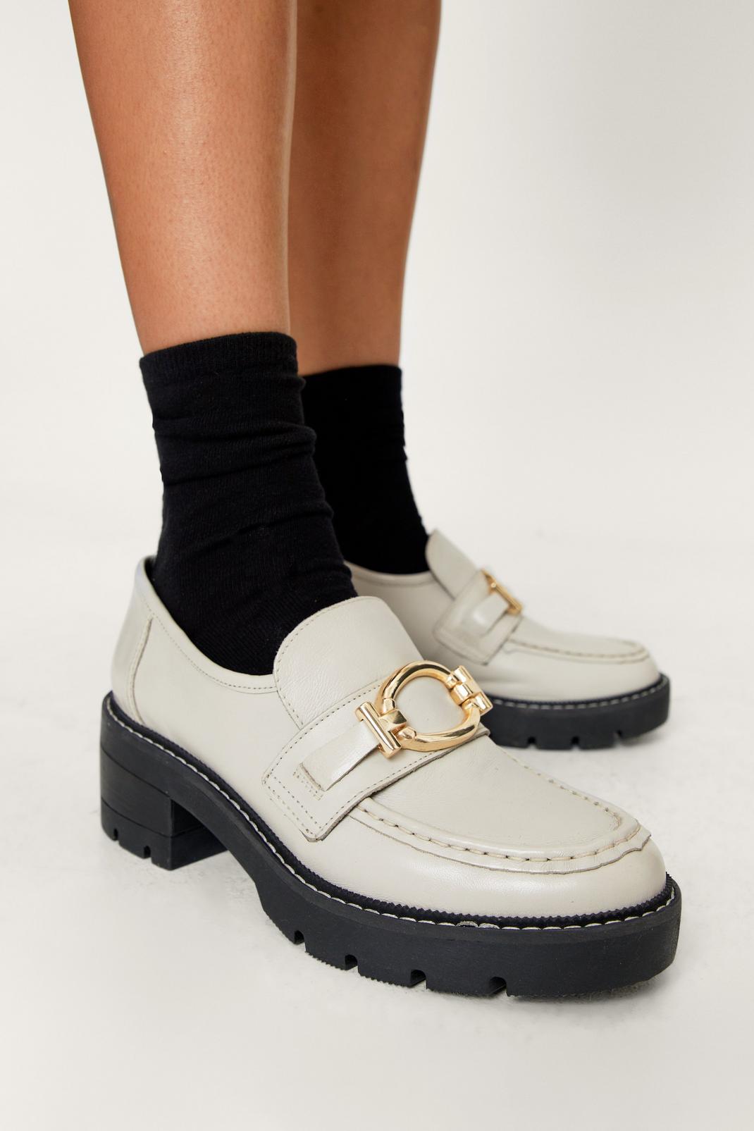 White Leather Round Buckle Heeled Loafers image number 1