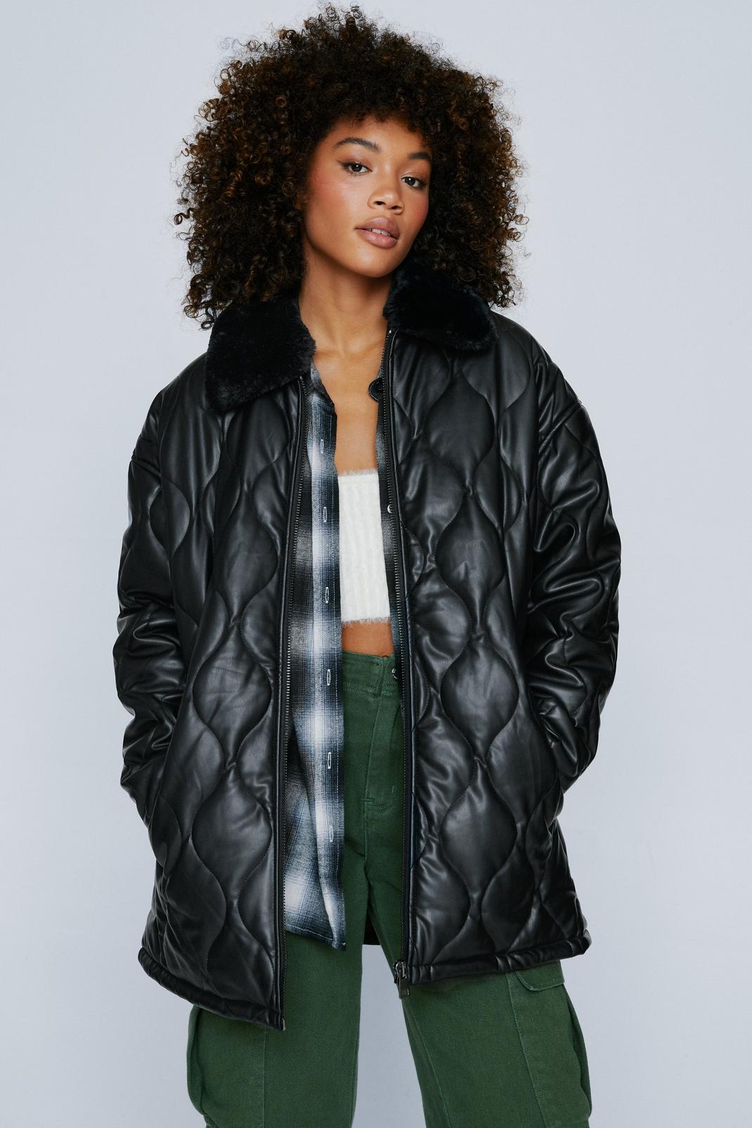 Faux Leather Quilted Longline Jacket image number 1