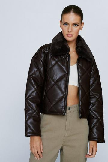 Faux Leather Quilted Faux Fur Collar Jacket chocolate