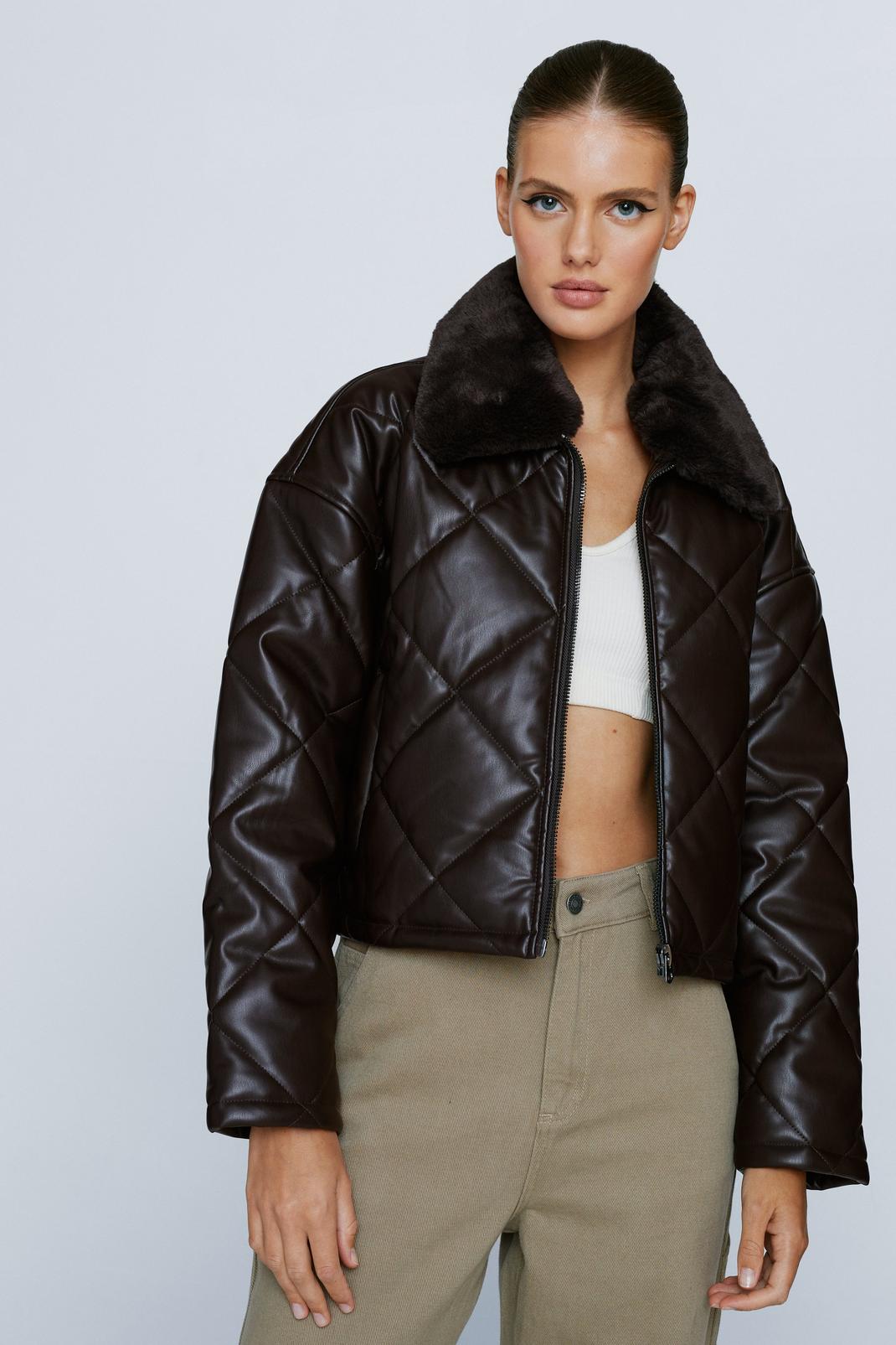 Chocolate Faux Leather Quilted Faux Fur Collar Jacket image number 1