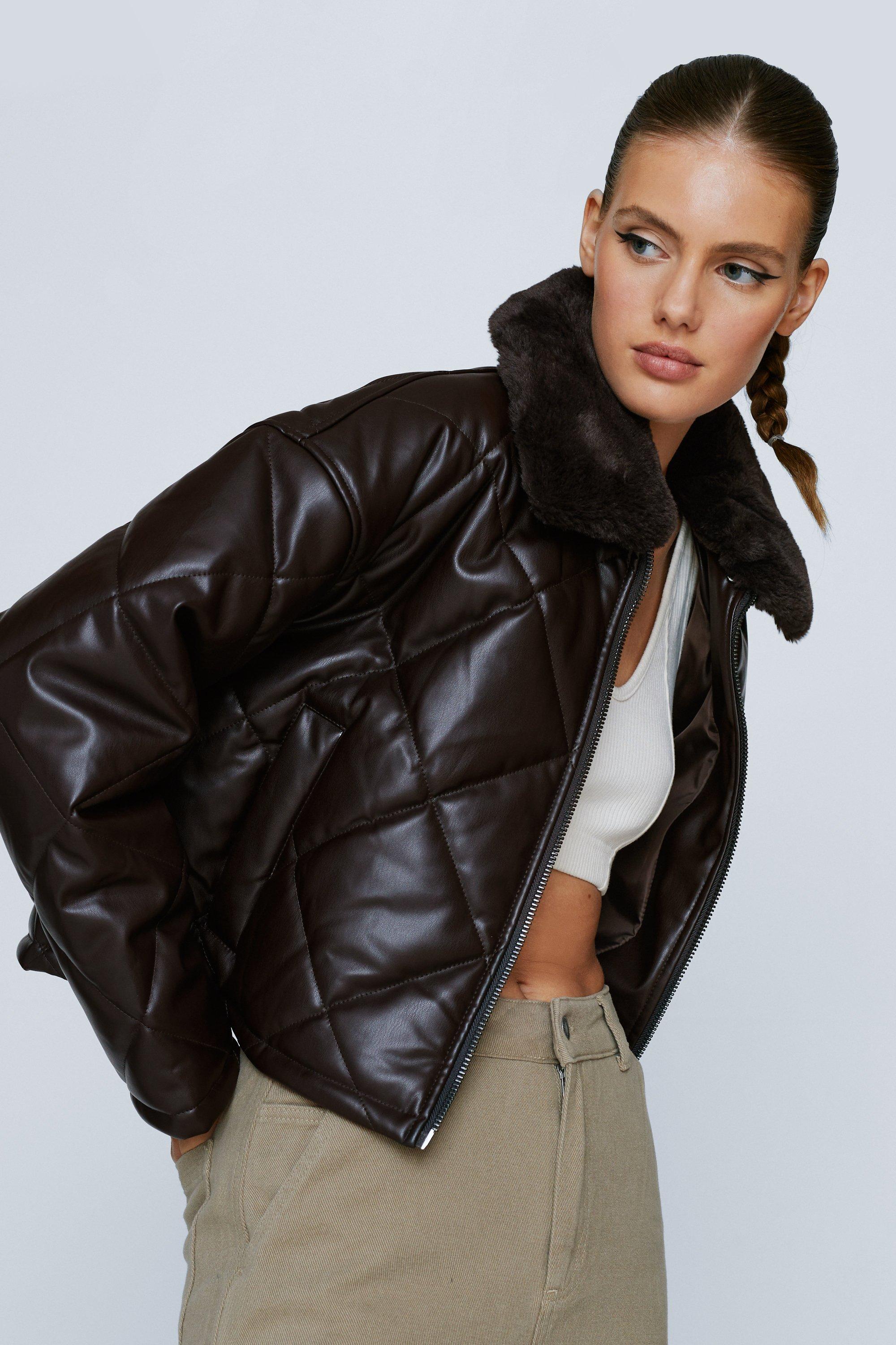 Faux Leather Quilted Jacket Style 234123U