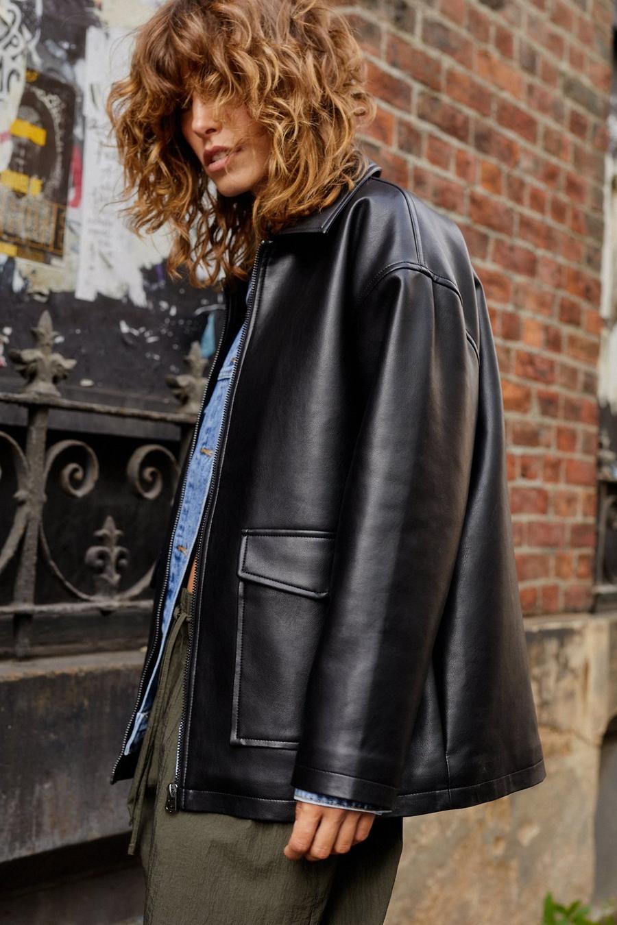 Faux Leather Oversized Pocket Detail Jacket