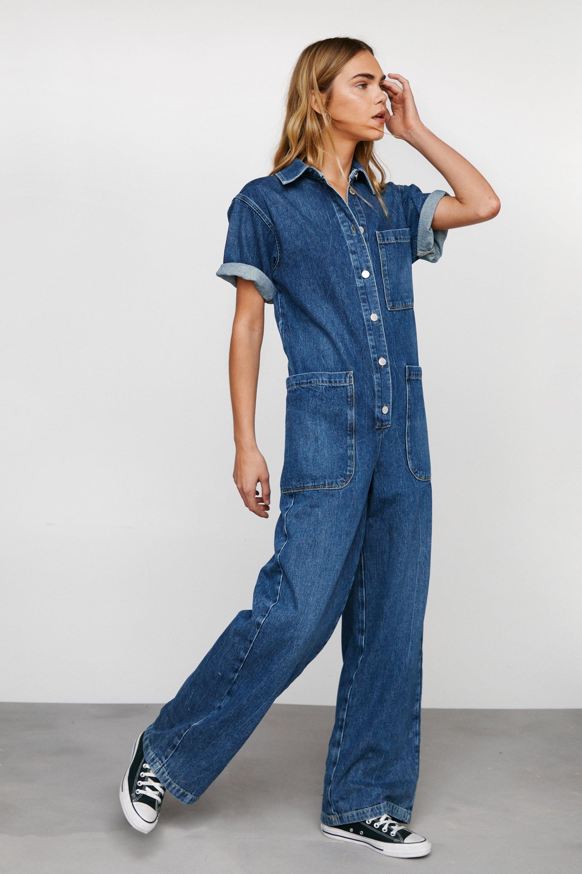 Short sleeve denim store jumpsuit