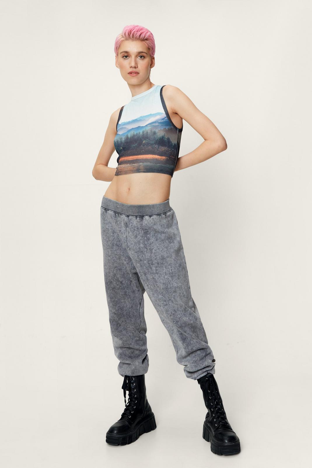 Grey Overdyed Cuffed High Waisted Sweatpants image number 1
