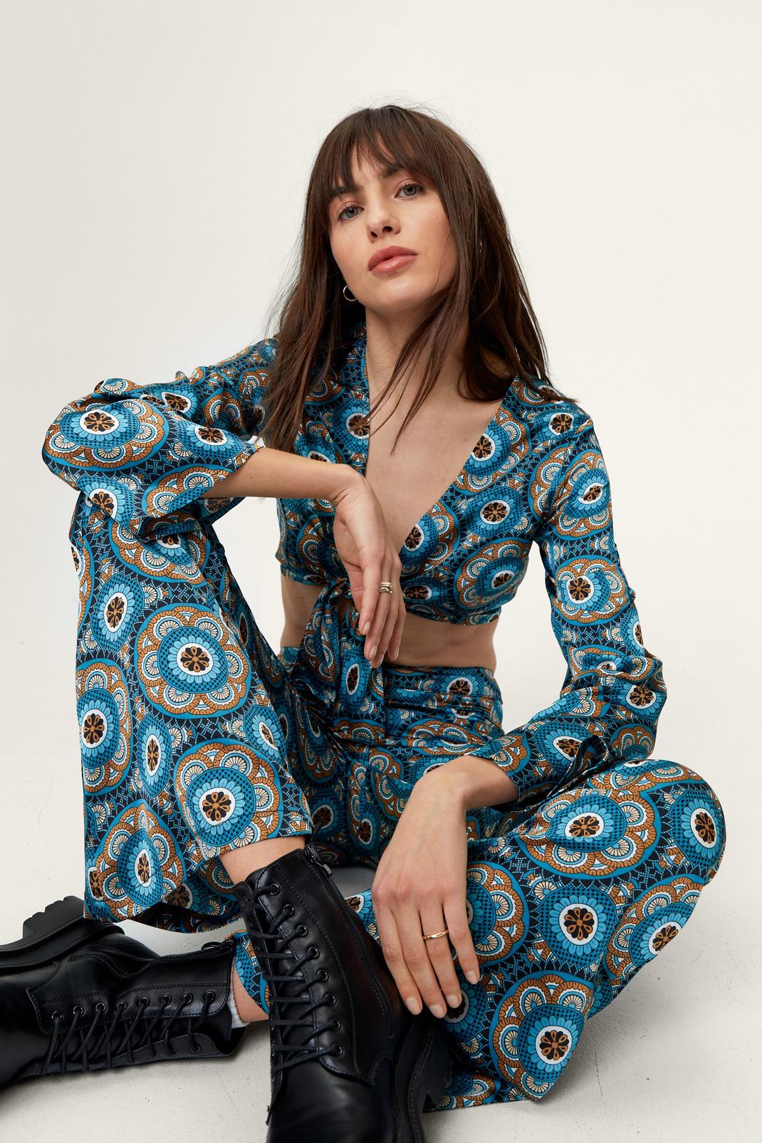 Blue Retro Print Wide Leg Trousers image number 1