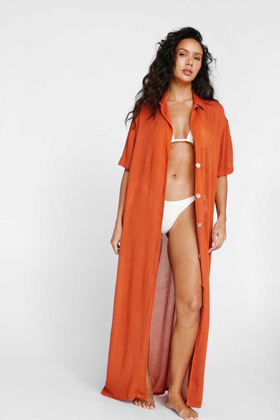 Rust Crinkle Button Down Maxi Kimono image number 1
