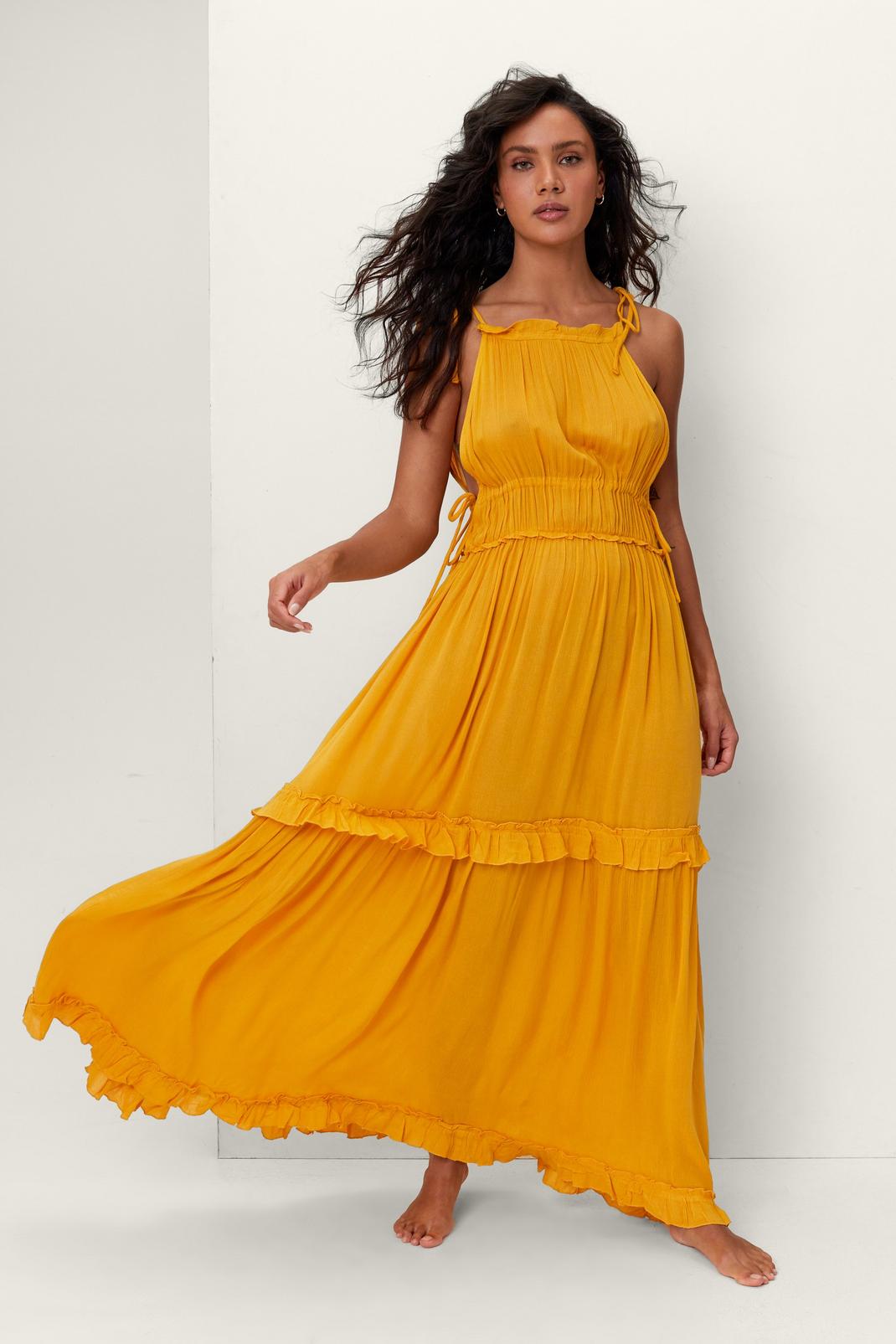 Mustard Crinkle Ruffle Tassel Maxi Cover Up Dress image number 1