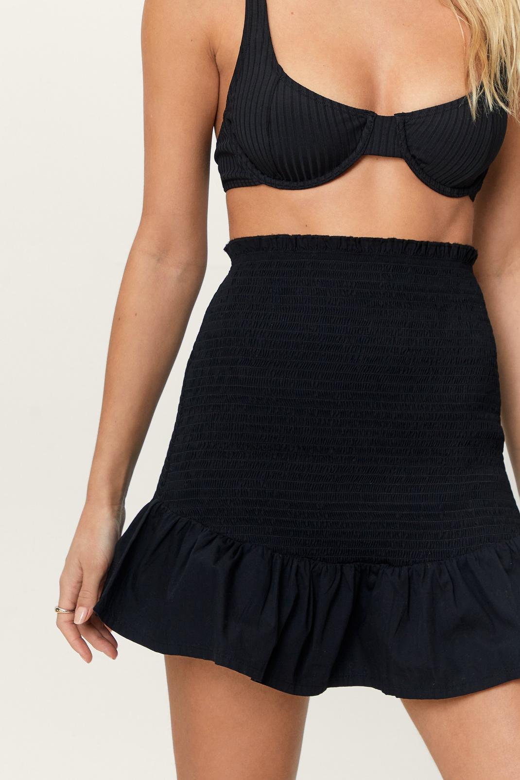 Black Shirred Ruffle Cover Up Mini Skirt image number 1