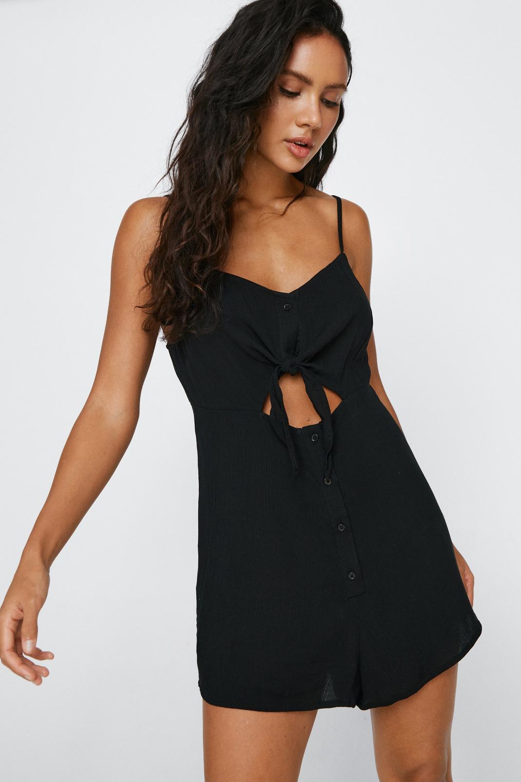 Crinkle Button Tie Front Cover Up Romper image number 1