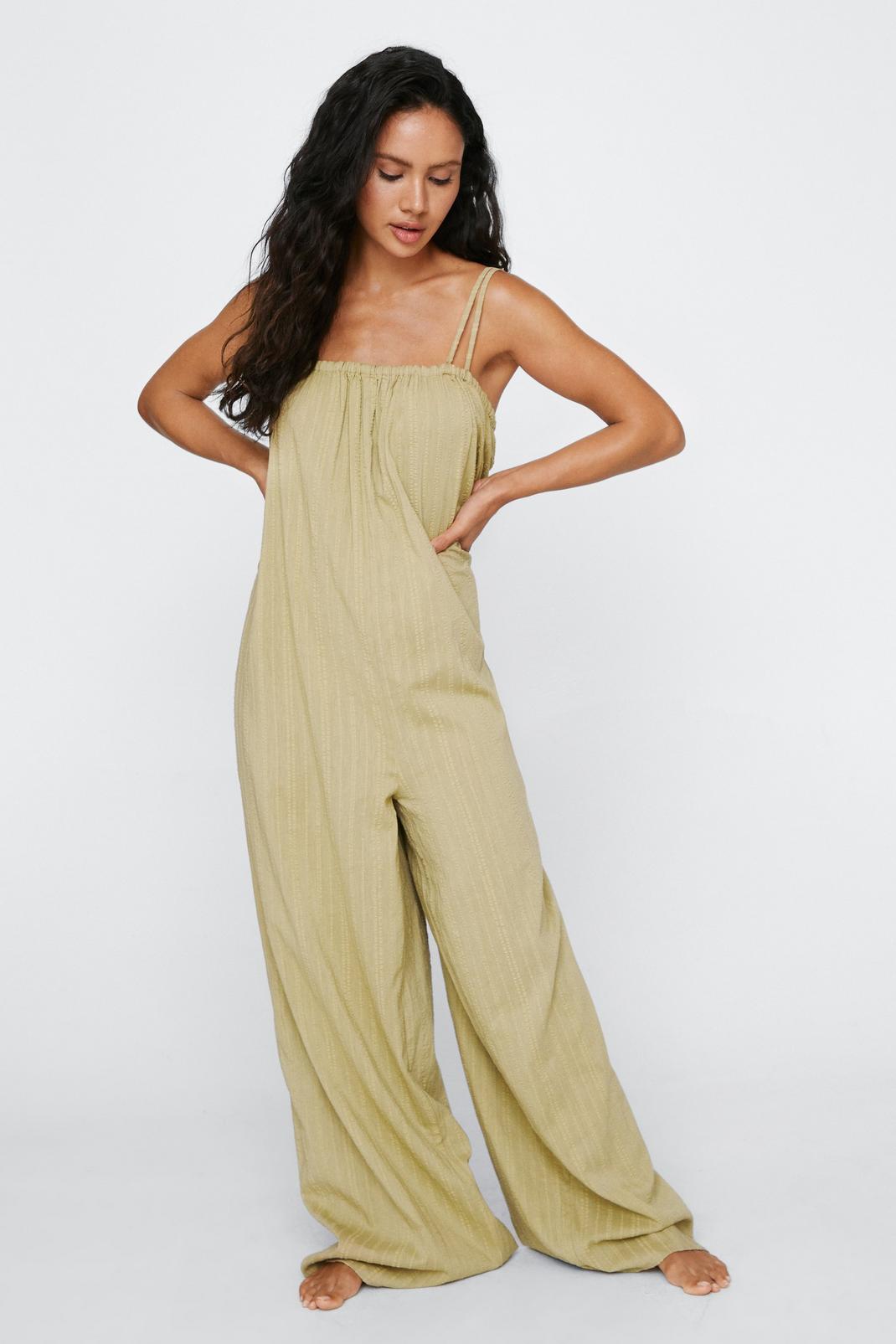 Olive Textured Cotton Tie Back Cover Up Jumpsuit image number 1