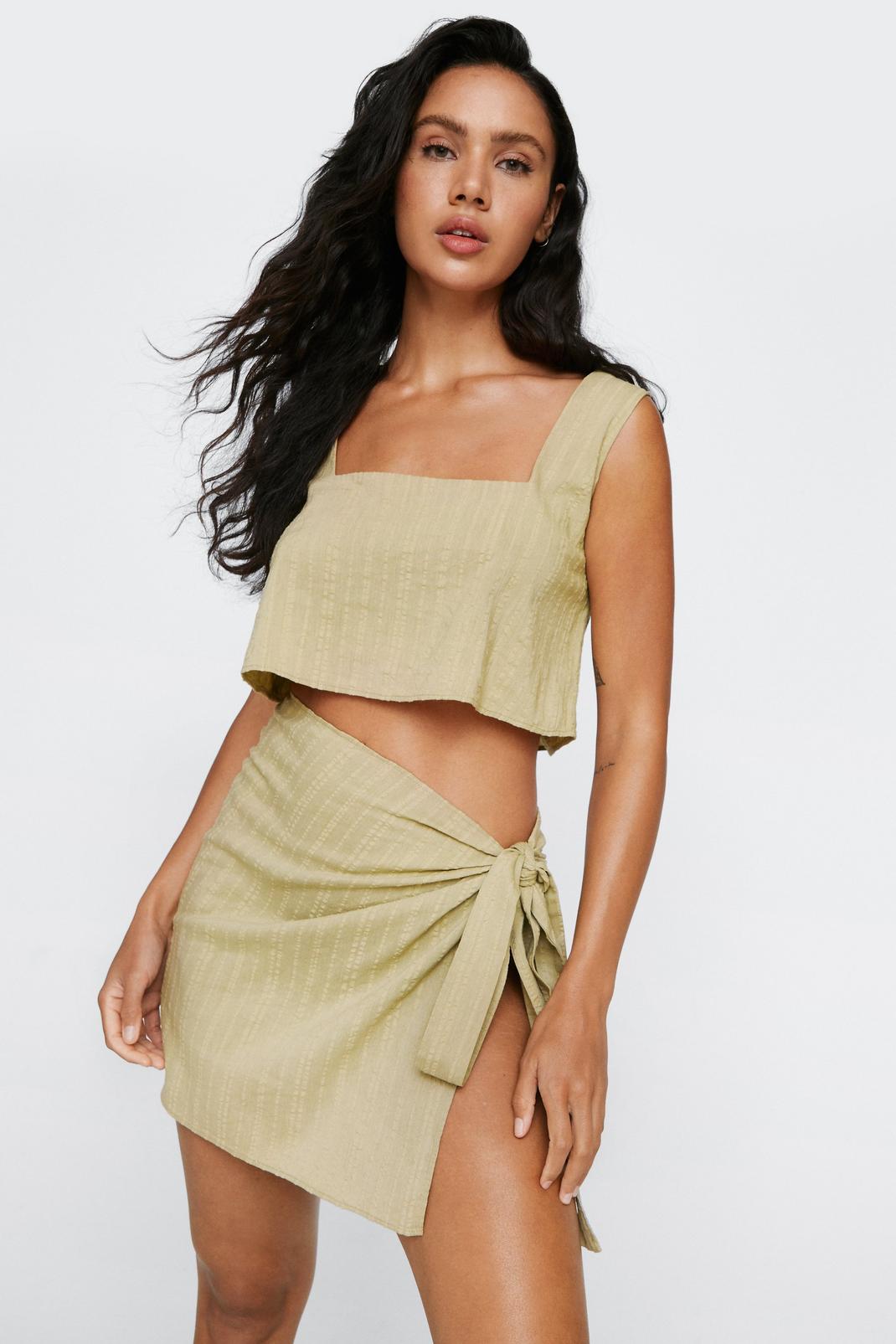 Olive Textured Cotton Cropped Tank Top and Sarong Set image number 1