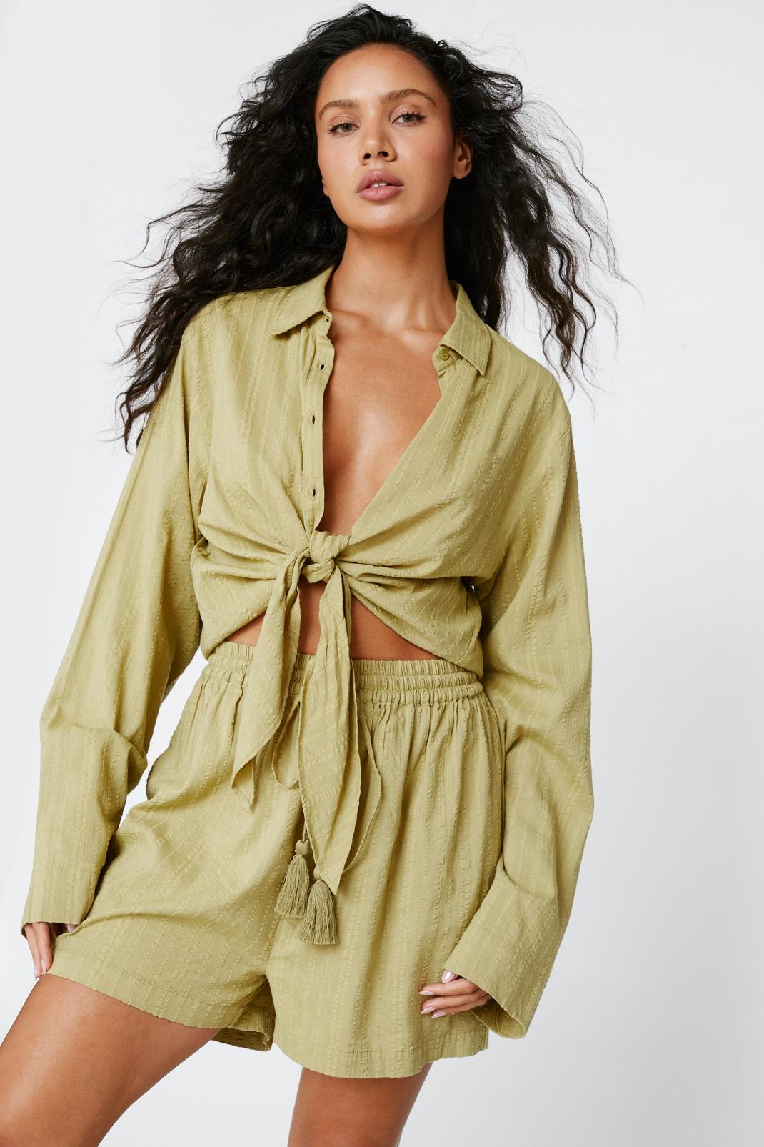 Olive Textured Cotton Tie Waist Cover Up Shorts image number 1