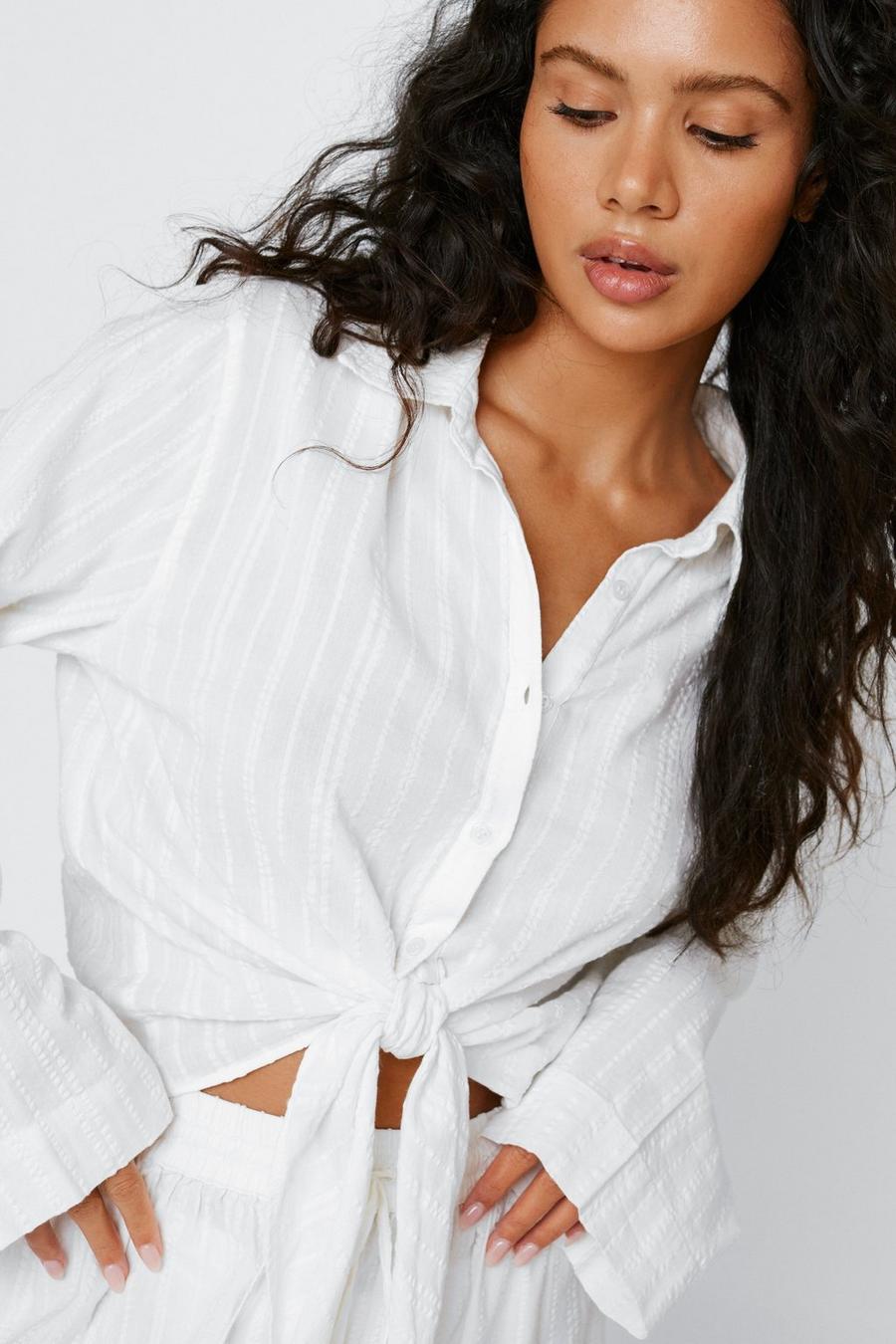 Textured Cotton Tie Front Cover Up Shirt