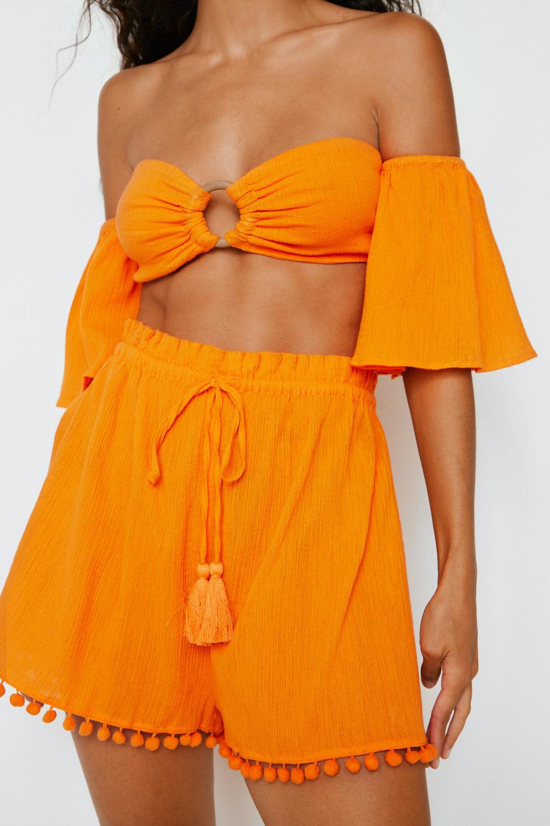 Orange Crinkle Tassel Pom Pom Cover Up Shorts image number 1