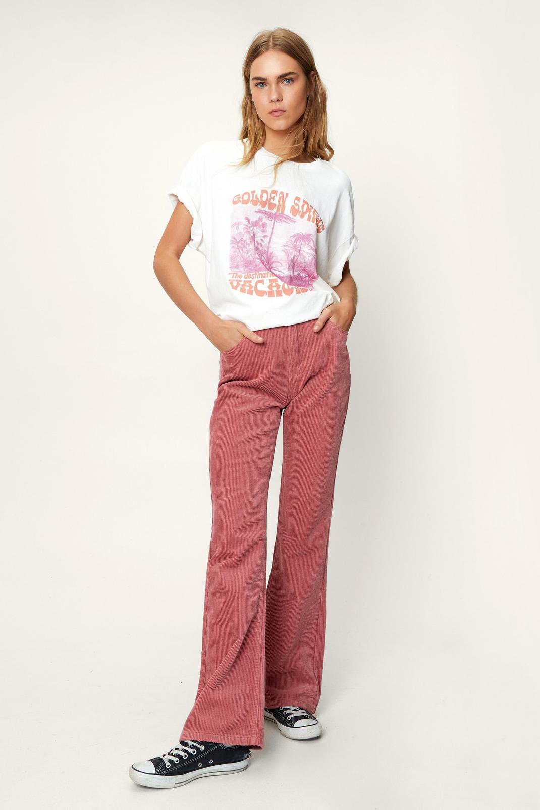 Pantalon ajusté et évasé à taille haute en velours côtelé, Hot pink image number 1