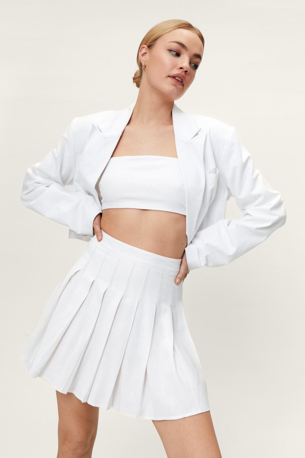White Pleated Linen Tennis Mini Skirt image number 1