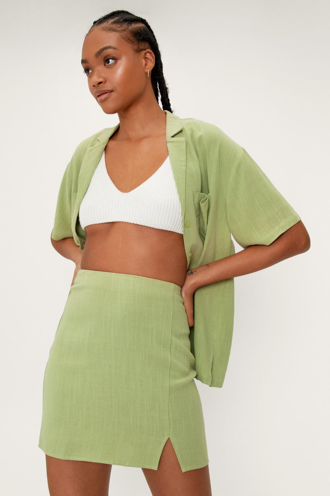 Green Split Hem Linen Pelmet Skirt image number 1
