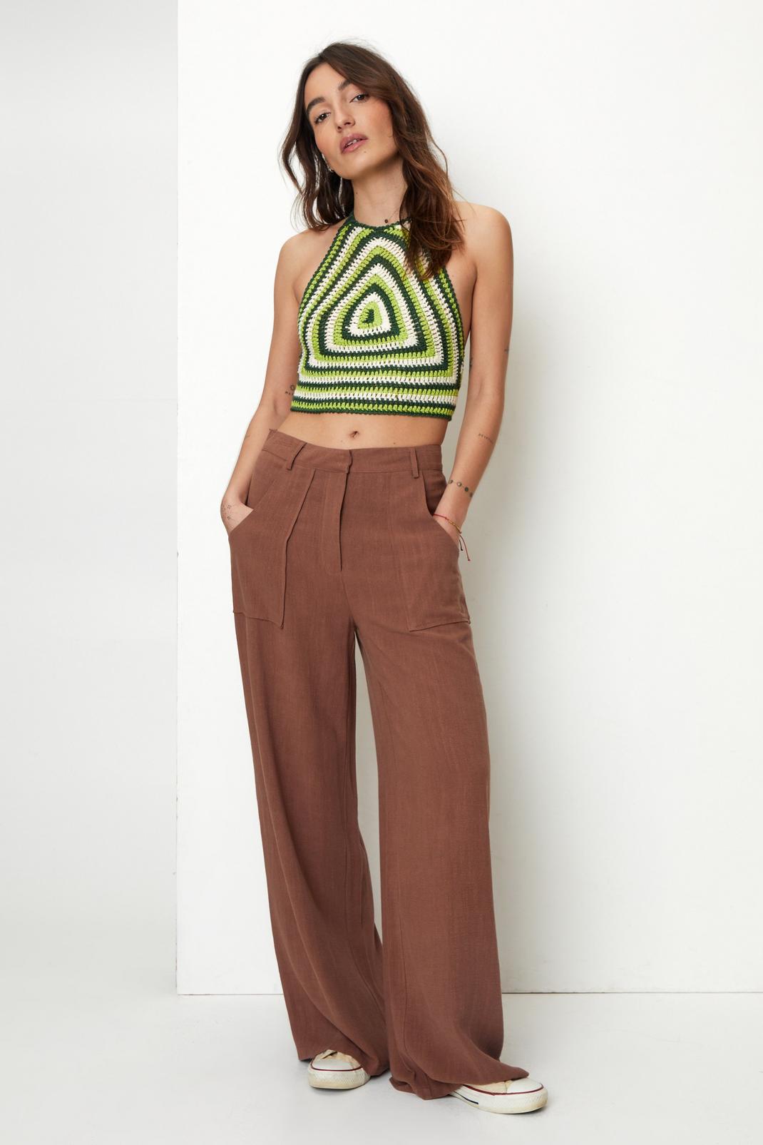 Chocolate Petite Linen Seam Front Wide Leg Trousers image number 1