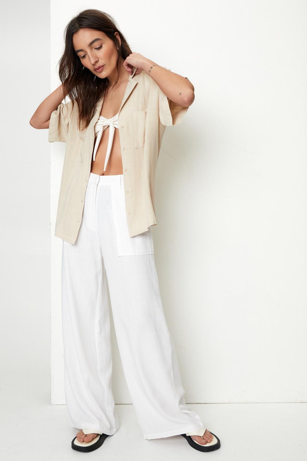 White Petite Linen Seam Front Wide Leg Trousers image number 1
